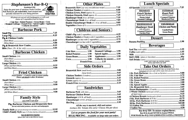 Stephenson’s Bar B Q menu 3